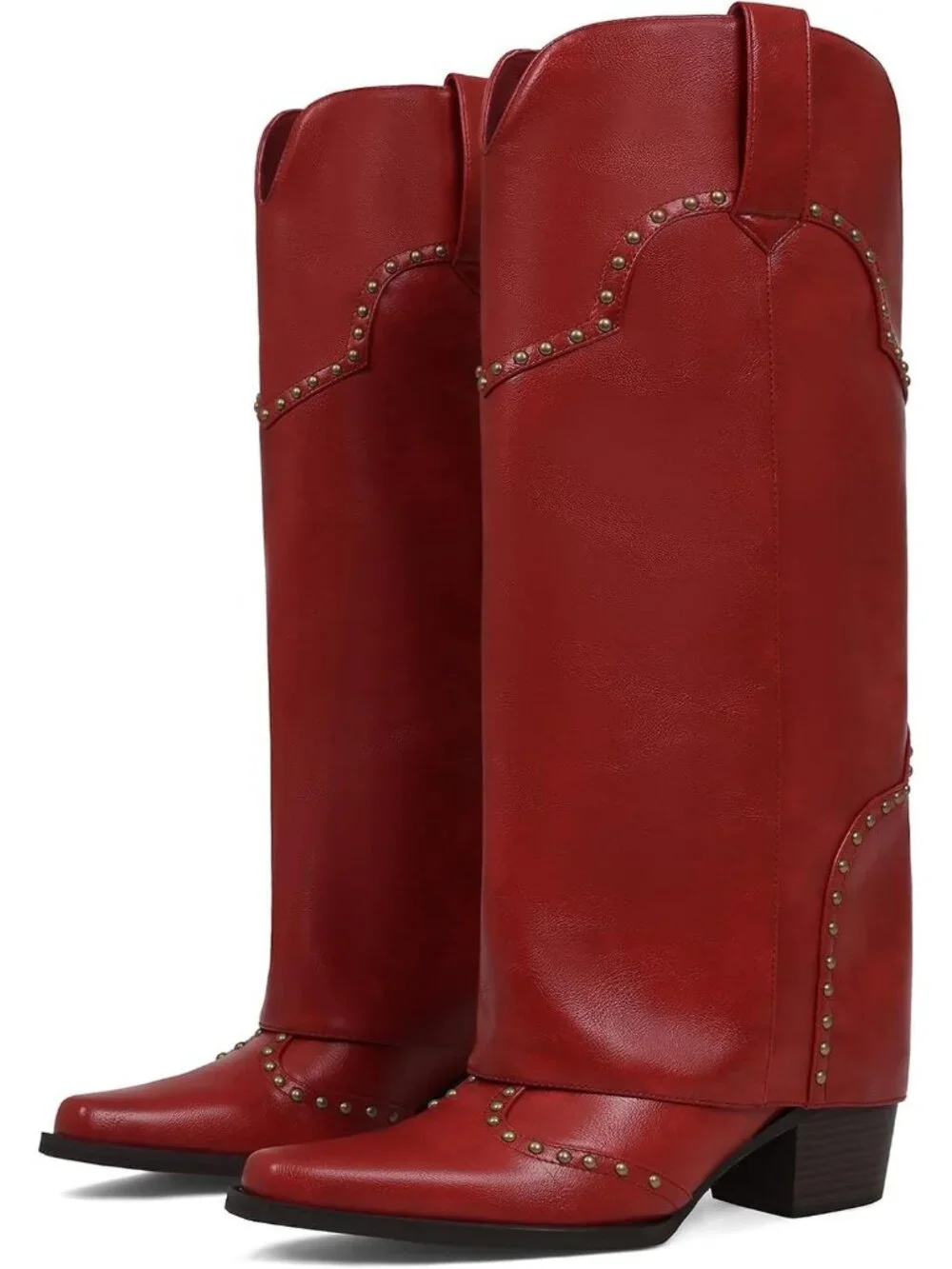 Women's Red Polyurethane (PU) Studded Fold Over Knee High Chunky Heel Boot